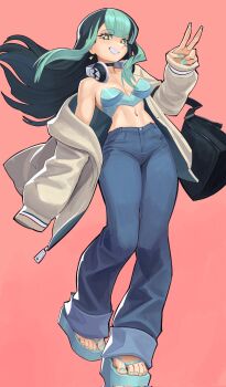 1girl bag black_bag black_choker blue_eyes blue_hair blue_nails blue_pants breasts choker commentary crop_top denim earrings fingernails full_body grey_jacket grin hand_up headphones headphones_around_neck highres jacket jeans jewelry large_breasts long_hair looking_at_viewer multicolored_hair nail_polish navel navel_piercing nezo nova_(exnezo) open_clothes open_jacket original pants parted_bangs piercing pink_background simple_background smile solo standing star-shaped_pupils star_(symbol) star_earrings symbol-shaped_pupils toenail_polish toenails toes two-tone_hair v zipper_pull_tab