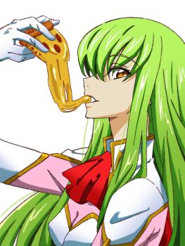 1girl ascot breasts c.c. cheese cheese_trail code_geass eating food from_side gloves green_hair highres holding holding_food holding_pizza keeemu_(gouf2016) long_hair looking_at_viewer pizza pizza_slice red_ascot simple_background small_breasts solo white_background white_gloves yellow_eyes