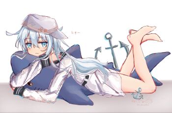1girl anchor barefoot belt black_belt black_sailor_collar blue_eyes blue_hair blush commentary_request double-parted_bangs feet flat_cap frown full_body grey_background hair_between_eyes hammer_and_sickle hat hat_pin hibiki_(kancolle) highres hugging_object kantai_collection long_hair long_sleeves lying no_pants on_ground on_stomach r_you_yabai sailor_collar shirt sidelocks signature simple_background solo star_pin stuffed_animal stuffed_shark stuffed_toy thighs twitter_username two-tone_background verniy_(kancolle) very_long_hair white_background white_hat white_shirt