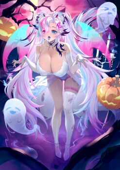 1girl animal_ear_fluff animal_ears artbymichi asymmetrical_legwear bare_shoulders bare_tree blue_eyes blue_fire blue_hair blue_tongue breasts bridal_gauntlets candle choker claw_pose cleavage collarbone colored_tongue copyright_request crescent crescent_hair_ornament demon_wings dress elbow_gloves fangs fire full_moon ghost gloves hair_ornament halloween heterochromia highres hitodama huge_breasts jack-o&#039;-lantern jewelry large_breasts leaning_forward leotard long_hair looking_at_viewer mole moon multicolored_hair night open_mouth pink_eyes pink_hair portrait pumpkin see-through_clothes single_thighhigh solo streaked_hair tail tattoo thigh_strap thighhighs tongue tongue_out torn_clothes torn_gloves torn_thighhighs tree twintails very_long_hair white_choker white_dress white_gloves white_hair white_leotard white_thighhighs wings
