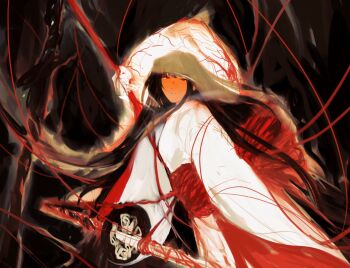 1girl black_hair bridal_veil highres japanese_clothes katana kimono limbus_company long_hair long_sleeves looking_at_viewer nyansougi open_mouth project_moon red_eyes ryoshu_(project_moon) sash see-through_clothes shiromuku smile solo sword uchikake veil veins wataboushi weapon white_kimono wide_sleeves