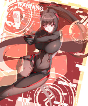 1girl absurdres bilingual_commentary black_bodysuit black_hair black_halo blue_archive bodysuit breasts bright_pupils commentary covered_navel english_commentary english_text gun halo handgun highres holding holding_gun holding_weapon impossible_bodysuit impossible_clothes kurosaki_saya large_breasts latex latex_bodysuit mixed-language_commentary multicolored_halo official_alternate_costume official_alternate_hairstyle red_eyes ringed_eyes rio_(armed)_(blue_archive) rio_(blue_archive) skin_tight solo two-tone_halo weapon white_pupils