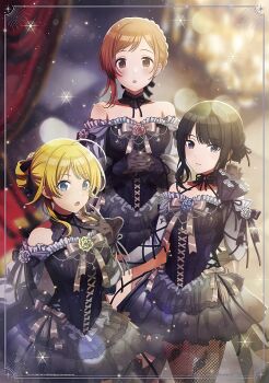 3girls black_hair blonde_hair blue_eyes braid brown_eyes brown_hair dress fishnet_pantyhose fishnets gloves grey_eyes hachimiya_meguru idolmaster idolmaster_shiny_colors illumination_stars_(idolmaster) kazano_hiori multiple_girls official_art open_mouth own_hands_clasped pantyhose sakuragi_mano sparkle