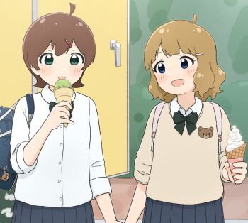 2girls :3 :d ahoge bag black_skirt blush_stickers bow bowtie brown_hair brown_sweater collar collared_shirt commentary_request door duffel_bag eyelashes flat_chest flipped_hair green_bow green_bowtie hair_ornament hairpin highres holding holding_hands holding_ice_cream_cone ice_cream_cone idolmaster idolmaster_million_live! idolmaster_million_live!_theater_days kinoshita_hinata long_sleeves multiple_girls open_mouth outdoors pleated_skirt polka_dot school_uniform shirt short_hair sidelocks skirt sleeves_rolled_up smile suou_momoko sweater teddy_bear_ornament tongue tongue_out upper_body wavy_hair white_collar white_shirt yamadakohi