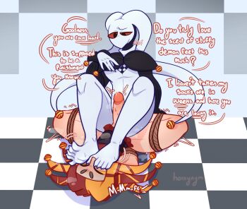 2boys artist_name barefoot bdsm bondage bound checkered_background checkered_floor chess_(hornynym) colored_sclera commentary demon english_commentary erection feet foot_on_another&#039;s_face forced highres hornynym humiliation jester multiple_boys original penis precum red_sclera rope smell smelling smelling_feet sweat trembling twitching_penis yaoi