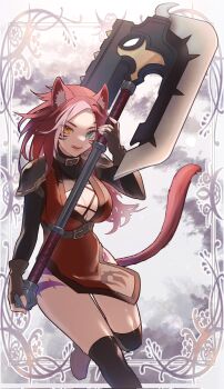 1girl absurdres animal_ears armor axe battle_axe blue_eyes boots breasts cat_ears cat_girl cat_tail cleavage cleavage_cutout clothing_cutout commission criss-cross_straps fingerless_gloves gloves gonza_(kimura01) heterochromia highres holding holding_axe large_breasts licking_lips long_hair looking_at_viewer original pelvic_curtain red_hair sabrith_ebonclaw shoulder_armor skeb_commission solo tail thigh_boots thighs tongue tongue_out tsurime weapon yellow_eyes