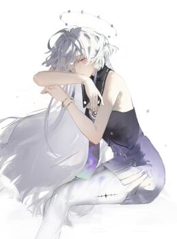 1girl absurdres bare_shoulders colored_eyelashes commentary dress elyzerda feet_out_of_frame from_side grey_hair halo highres invisible_chair long_hair looking_at_viewer looking_to_the_side mornye_(wuthering_waves) no_jacket parted_lips prosthesis prosthetic_leg purple_dress red_eyes simple_background sitting solo symbol-only_commentary tacet_mark_(wuthering_waves) white_background wuthering_waves