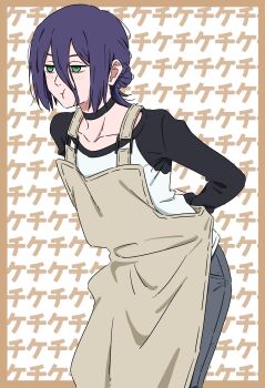1girl :t absurdres adjusting_apron arms_behind_back black_choker blush chainsaw_man choker collarbone commentary_request green_eyes hair_between_eyes highres leaning_forward long_hair_between_eyes long_sleeves looking_ahead mayo_(oekaki_bibbi) purple_hair raglan_sleeves reze_(chainsaw_man) solo text_background translation_request two-tone_shirt