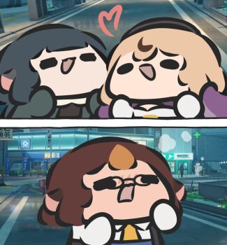 3girls animal_ears blonde_hair blush brown_hair chibi commentary glasses heart highres jane_doe_(zenless_zone_zero) mouse_ears mouse_girl multicolored_hair multiple_girls open_mouth short_hair smile superappleman symbol-only_commentary tomiya_(zenless_zone_zero) two-tone_hair yidhari_murphy zenless_zone_zero