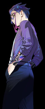 1boy 987645321o belt black-framed_eyewear black_background black_hair black_pants closed_mouth commentary corbeau_(pokemon) glasses hand_in_pocket highres male_focus nintendo pants pokemon pokemon_legends:_z-a purple_belt purple_shirt shirt short_hair simple_background sleeves_rolled_up solo yellow_eyes