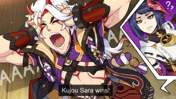 1boy 1girl ? ?? abs arataki_itto black_hair character_name clenched_teeth closed_eyes english_text facial_mark genshin_impact half-closed_eyes hands_on_own_head highres horns kujou_sara mask mask_on_head meme oni_horns open_mouth parody speech_bubble spikes tattoo teeth thought_bubble vambraces white_hair yellow_eyes ziren