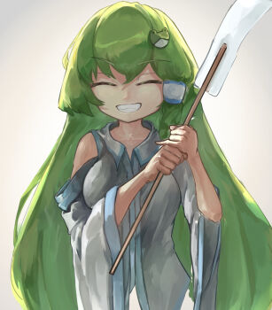 1girl ^_^ closed_eyes commentary facing_viewer frog_hair_ornament hair_ornament highres kochiya_sanae long_hair shirt sinumade smile solo teeth touhou white_shirt wide_sleeves