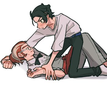 2boys apron black_bow black_bowtie black_hair black_pants blonde_hair bow bowtie boy_on_top eye_contact feet_out_of_frame full_body glasses grey_eyes grey_pants grey_shirt grisham_(pokemon) hair_pulled_back holding_another&#039;s_wrists light_blush looking_at_another male_focus multicolored_hair multiple_boys nintendo orange_apron orange_hair pants parted_lips paxton_(pokemon) pinned pokemon pokemon_legends:_z-a shikaku00000 shirt small_sweatdrop striped_blush twitter_username two-tone_hair waist_apron white_shirt yaoi