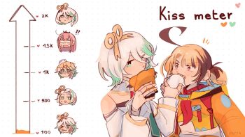 3girls ahoge anger_vein brown_hair brown_streaks cecilia_immergreen character_doll closed_mouth commentary doll doll_joints dotted_background english_commentary expressionless gigi_murin green_eyes green_streaks heart highres holding holding_doll hololive hololive_english jacket joints kiss_meter_(meme) long_hair meme mole mole_under_eye mori_calliope multiple_girls off-shoulder_shirt off_shoulder orange_jacket pink_eyes pink_hair shirt short_hair short_twintails smile sticker_sr twintails virtual_youtuber white_hair white_shirt winding_key