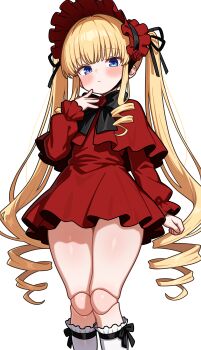 1girl absurdres blonde_hair blue_eyes blush bonnet commentary_request doll_joints dress drill_hair highres joints long_hair looking_at_viewer rozen_maiden shiguren_39 shinku simple_background solo twintails white_background