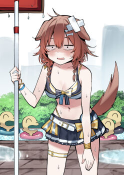 1girl 4others ^_^ animal_ears bandaid bandaid_on_head belt bikini black_bikini bone_hair_ornament bow braid braided_sidelocks breasts bush cleavage closed_eyes commentary_request constricted_pupils crossed_bandaids dog_ears dog_girl dog_tail double-parted_bangs dripping exhausted grey_sky hair_between_eyes hair_ornament highres holding hololive hololive_summer_2023_swimsuit hunched_over innertube inugami_korone jitome kurousagi_(black_rabbit563) light_blush listener_(inugami_korone) medium_breasts medium_hair messy_hair multiple_others multiple_wristbands object_request official_alternate_costume open_mouth outdoors partially_shaded_face pleated_skirt pool poolside rectangular_mouth ribbon skirt sky solo_focus striped_bikini striped_clothes striped_ribbon sweatdrop swim_ring swimsuit tail thigh_strap virtual_youtuber white_belt white_bikini white_ribbon white_straps yellow_bikini yellow_bow yellow_ribbon