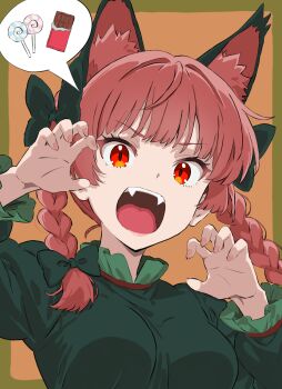 1girl animal_ear_fluff animal_ears black_bow border bow braid breasts candy cat_ears cat_girl claw_pose commentary_request dress extra_ears eyelashes fangs fingernails food frilled_sleeves frills green_border green_dress hair_bow halloween hands_up highres kaenbyou_rin long_sleeves looking_at_viewer medium_breasts medium_hair mitsume310i open_mouth orange_background outside_border red_eyes simple_background slit_pupils solo speech_bubble spoken_object teeth tongue touhou twin_braids twintails upper_body upper_teeth_only v-shaped_eyebrows