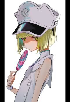 1girl 2023 bare_shoulders black_border bleach bleach:_sennen_kessen-hen blonde_hair border bracelet candy closed_mouth female_focus flat_chest food hat highres jewelry liltotto_lamperd lollipop medium_hair quincy_(bleach) simple_background skinny sternritter ui_1231 wandenreich_uniform white_background yellow_eyes