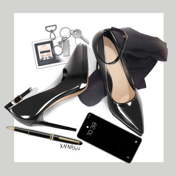 1girl artist_name black_footwear blonde_hair border cellphone censored censored_identity charm_(object) cuffs grey_border handcuffs high_heels highres id_card key lanyard no_humans pen pencil phone photo_(object) pumps shoes simple_background smartphone stiletto_heels still_life unworn_shoes white_background xnnagu