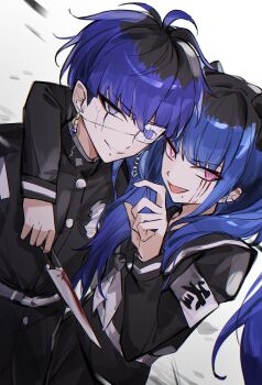 1boy 1girl amemiya_darumi arm_around_shoulder armband black_bow black_hair black_jacket black_sailor_collar black_serafuku blood bloody_knife blue_eyes blue_hair bow chinese_commentary commentary_request ear_piercing earrings eye_print eyeliner eyepatch face_piercing fishicon gakuran grin hair_bow hand_up highres holding holding_knife jacket jewelry knife labret_piercing last_defense_academy_school_uniform long_hair looking_at_viewer makeup multicolored_hair neckerchief omokage_yugamu piercing pink_eyes print_eyepatch red_eyeliner roots_(hair) sailor_collar school_uniform serafuku short_hair smile the_hundred_line_-last_defense_academy- twintails white_armband white_neckerchief
