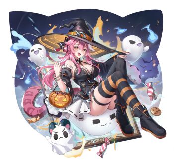 1girl :d absurdres animal_ears aoi_13 belt black_belt black_boots black_dress black_hat black_thighhighs boots breasts candy center-flap_bangs chattino_(raora_panthera) cleavage commentary cookie detached_sleeves double-parted_bangs dress earrings english_commentary food frilled_sleeves frills garter_straps ghost halterneck hat highres hololive hololive_english jack-o&#039;-lantern jewelry large_breasts layered_dress long_hair looking_at_viewer mismatched_thighhighs multicolored_hair open_mouth orange_thighhighs panther_ears panther_girl panther_tail pink_hair raora_panthera short_dress sidelocks single_garter_strap sleeveless sleeveless_dress smile solo streaked_hair striped_clothes striped_thighhighs tail teeth thigh_strap thighhighs upper_teeth_only very_long_hair virtual_youtuber white_streaks wide_sleeves witch_hat yellow_eyes