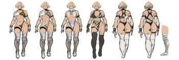 1girl abs alternate_costume animal_print arm_at_side ass bare_shoulders bikini black_gloves blonde_hair blue_background blue_bikini blue_eyes blue_trim boots bracelet closed_mouth commentary concept_art contrapposto criss-cross_back-straps dark_skin dimples_of_venus elbow_pads english_commentary facial_mark female_focus gloves groin half_gloves halterneck highres huge_ass jewelry knee_pads lace-up_boots legs_apart lips long_image looking_at_viewer multicolored_boots multiple_views muscular muscular_female muscular_legs navel official_art open_hand pure_onyx reference_sheet semira_(pure_onyx) serious shiny_skin short_hair simple_background standing star_(symbol) swept_bangs swimsuit thick_thighs thighlet thighs tiger_print turnaround two- two-tone_boots white_bikini wide_image wrestling_outfit xxoom zebra_print