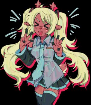 >_< 1girl :3 :d ahoge alternate_hairstyle animal_ears antlers bare_shoulders black_background black_skirt black_sleeves black_thighhighs blonde_hair blue_necktie blue_trim breasts brown_fur buck_teeth closed_eyes commentary cosplay cowboy_shot deer_antlers deer_ears deer_girl deer_tail deltarune detached_sleeves double_w english_commentary facing_viewer fewer_digits freckles frilled_shirt frilled_shirt_collar frills furry furry_female goomyloid grey_shirt hair_ornament hands_up hatsune_miku hatsune_miku_(cosplay) highres horns long_hair long_sleeves miniskirt necktie noelle_holiday open_mouth pleated_skirt shirt simple_background skirt sleeveless sleeveless_shirt small_breasts smile solo standing swept_bangs tail teeth thighhighs tie_clip twintails utdr_(toby_fox) very_long_hair vocaloid w zettai_ryouiki