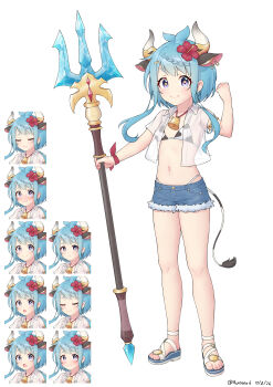 Rule 34 | 1girl, absurdres, animal ears, animal print, artist name, bell, bikini, blue hair, braid, reference sheet, closed mouth, cow ears, cow horns, cow print, cow print bikini, cow tail, cowbell, dated, denim, denim shorts, flat chest, flower, full body, fur-trimmed shorts, fur trim, hair flower, hair ornament, hairclip, halterneck, highres, holding polearm, horns, jacket, long hair, mahiru (princess connect!), navel, open clothes, open jacket, polearm, princess connect!, print bikini, purple eyes, red flower, ruinone, sandals, see-through clothes, see-through jacket, short shorts, shorts, sidelocks, smile, swimsuit, swimsuit under clothes, tail, trident, weapon, white background, wristband