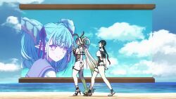 2boys 6+girls animal_ears animated arm_strap ass audible_music bare_shoulders black_one-piece_swimsuit black_shoes blue_hair blush bow bracelet breasts bridal_gauntlets cleavage clothing_cutout cloverworks collarbone cu_chulainn_(caster)_(fate) curled_horns curvy elbow_gloves eyewear_on_head fake_animal_ears fate/grand_order fate_(series) fire flower food full_body game_cg gloves gradient_hair green_fire green_hair green_necktie grey_hair groin hair_bow hair_flower hair_ornament hair_ribbon hair_rings hairclip hand_on_own_hip hat highleg highleg_one-piece_swimsuit highres hooves horns huyan_zhuo_(fate) huyan_zhuo_(swimsuit_berserker)_(fate) ice_cream jewelry kriemhild_(fate) large_breasts lips long_hair looking_at_viewer miss_crane_(fate) miyu_edelfelt multicolored_hair multiple_boys multiple_girls navel necktie novelty_glasses official_art one-piece_swimsuit passionlip_(fate) plunging_neckline pointy_ears purple-tinted_eyewear purple_eyes purple_hair rabbit_ears red_eyes red_ribbon ribbon ryougi_shiki saitou_hajime_(fate) sandals school_uniform shoes sideboob single_thighhigh smile solo sound standing stomach sunglasses swimsuit symbol-shaped_pupils tachi-e tagme thick_thighs thigh_strap thighhighs thighs tiamat_(fate) tinted_eyewear twintails video walking white_gloves white_hair wide_hips x-shaped_pupils
