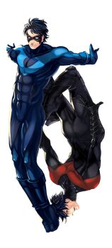 1boy 2boys abs batman_(series) black_hair blue_eyes bodysuit boots dc_comics dick_grayson domino_mask dual_persona eye_mask gauntlets gloves highres male_focus mask multiple_boys multiple_persona nightwing transparent_background upside-down