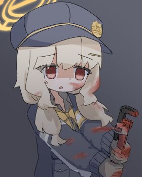 Rule 34 | 1girl, absurdres, aoba (blue archive), armband, black gloves, black jacket, blonde hair, blood, blood on face, blood on hands, blue archive, bow, bowtie, empty eyes, gloves, grey background, grey shirt, halo, hat, highres, holding, holding wrench, jacket, long hair, low twintails, newsboy cap, red eyes, shirt, solo, twintails, watanuki (f41co ), wrench, yellow armband, yellow bow, yellow bowtie, yellow halo