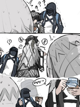 1boy 1girl ? absurdres arknights counting_money doctor_(arknights) english_text highres kjera_(arknights) lungmen_dollar sweat whate=3r