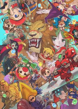 Rule 34 | 6+boys, 6+girls, :>, :<, :o, absurdres, akuma (street fighter), anakaris, animal ears, aqua background, armor, bandana, bead necklace, beads, bengus, beret, bishamon (darkstalkers), blodia, blonde hair, blue background, blue eyes, blue hair, blue skin, bracelet, brown hair, cammy white, capcom, capcom fighting collection, cat ears, cat girl, chibi, chinese clothes, chun-li, colored skin, copyright notice, crossover, cyberbots, demon girl, donovan baine, double bun, dougi, falling, fangs, felicia (darkstalkers), fighting stance, gem, green armor, green armorgems, hair bun, happy, hat, highres, ibuki (street fighter), japanese armor, jewelry, jiangshi, ken masters, hsien-ko, leo (warzard), leotard, lilith (darkstalkers), lion, lion hair, long hair, m/, mask, mask on head, meditation, monster, monster boy, monster girl, morrigan aensland, mukuro (warzard), multiple boys, multiple girls, mummy, necklace, ninja, nool, o3o, official art, orange hair, huitzil (darkstalkers), pink hair, pocket fighter, polearm, purple hair, puzzle fighter, red bandana, robot, ryu (street fighter), samurai, scar, scarf, smile, sparkle, spiked bracelet, spikes, spinning, street fighter, super-8, sword, tabasa, tao (warzard), tatsumaki senpuukyaku, tongue, tongue out, triangle mouth, trident, upside-down, darkstalkers, warzard, watermark, weapon, white scarf, witch, witch hat, lord raptor, zombie