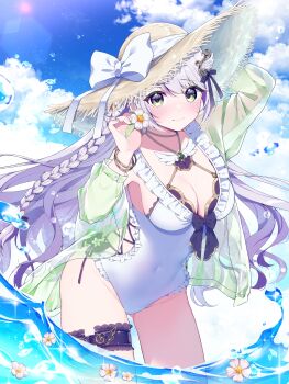 1girl absurdres blue_sky bow braid breasts cleavage cloud cloudy_sky cocoluce commentary_request commission covered_navel feather_hair_ornament feathers flower green_eyes green_jacket hair_ornament hanenone_cocone hat hat_bow highres jacket large_breasts long_hair mochiko_tsuru ocean one-piece_swimsuit open_clothes open_jacket outdoors second-party_source see-through_clothes see-through_jacket sky solo straw_hat sun_hat swimsuit thigh_strap thighs virtual_youtuber water white_bow white_flower white_hair white_one-piece_swimsuit