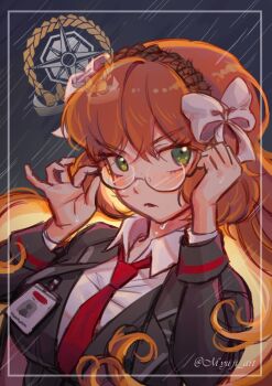 Rule 34 | 1girl, adjusting eyewear, bespectacled, black-framed eyewear, black coat, black vest, bow, breasts, brown hairband, cloud, cloudy sky, coat, collared coat, collared shirt, colored inner hair, commentary request, freckles, frown, furrowed brow, glasses, green eyes, hair between eyes, hair bow, hairband, highres, ishmael (project moon), korean commentary, lapels, large breasts, layered sleeves, light blush, limbus company, long hair, long sleeves, multicolored hair, myuji art, name tag, necktie, notched lapels, open clothes, open coat, orange hair, outdoors, palms, parted lips, project moon, rain, red necktie, rope, shirt, sky, sleeve cuffs, solo, twitter username, upper body, very long hair, vest, wavy hair, wet, white bow, white shirt