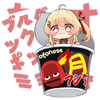 1girl :3 absurdres beamed_eighth_notes blonde_hair blush_stickers bow brown_eyes chibi closed_mouth commentary_request cup cup_ramen disposable_cup eighth_note fortissimo hair_bow hair_ornament highres hololive hololive_dev_is in_container in_cup kutata long_hair mini_person minigirl musical_note musical_note_hair_ornament one_side_up otonose_kanade red_bow simple_background solo text_background translation_request upper_body v-shaped_eyebrows virtual_youtuber white_background