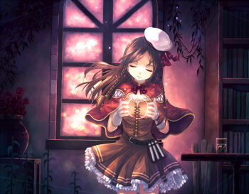 1girl beret book braid brown_hair capelet closed_eyes creator_(ragnarok_online) female_focus gloves hat magic ragnarok_online skirt smile solo test_tube twin_braids window yakka