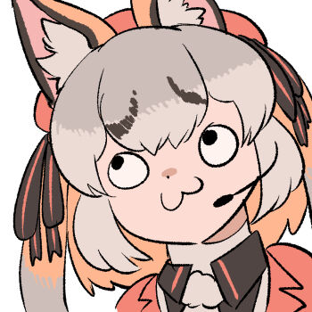 1girl animal_ears brown_hair commentary extra_ears fox_ears fox_girl grey_hair hat island_fox_(kemono_friends) jacket kemono_friends kemono_friends_v_project long_hair mcgunngu microphone necktie ribbon shirt simple_background solo twintails upper_body virtual_youtuber