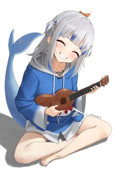 1girl ^_^ absurdres animal_costume bare_legs barefoot blue_hair blue_hoodie blunt_bangs closed_eyes ebi-chan_(gawr_gura) feet fins fish_tail full_body gawr_gura gawr_gura_(1st_costume) grey_hair grin hair_ornament head_tilt highres holding holding_instrument hololive hololive_english hood hoodie instrument kuraodo_0 light_blush long_hair long_sleeves medium_hair multicolored_hair music no_pants playing_instrument shark_costume shark_girl shark_hair_ornament shark_tail sharp_teeth shoes simple_background smile sneakers solo streaked_hair tail teeth two_side_up ukulele virtual_youtuber white_background white_shoes wide_sleeves