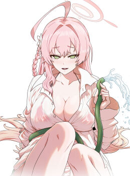 1girl ahoge arm_at_side arm_support bikini bikini_under_clothes blue_archive braid breasts bright_pupils buttons cleavage collared_shirt commentary double-parted_bangs green_eyes hair_intakes halo hanako_(blue_archive) hand_up highres holding holding_hose hose huge_ahoge knees_up large_breasts linpa93 long_sleeves looking_at_viewer parted_lips partially_unbuttoned pink_hair pink_halo raised_inner_eyebrows see-through_clothes see-through_shirt shirt side_braid simple_background sitting smile solo swimsuit symbol-only_commentary water white_background white_pupils white_shirt