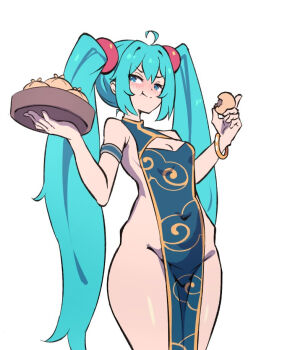 1girl aqua_eyes aqua_hair bamboo_steamer bare_shoulders bebatch breasts china_dress chinese_clothes dress eating food hair_between_eyes hair_ornament hatsune_miku holding holding_bamboo_steamer holding_food long_hair looking_at_viewer no_panties shiny_skin simple_background small_breasts smile solo standing steamed_bun twintails very_long_hair vocaloid white_background