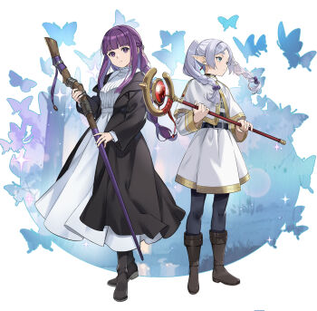 2girls black_boots black_coat black_pantyhose blunt_bangs boots brown_boots bug butterfly capelet coat commentary_request dress expressionless fern_(sousou_no_frieren) frieren full_body gold_trim green_eyes grey_hair holding holding_staff insect long_hair long_sleeves looking_at_viewer looking_to_the_side mage_staff multiple_girls nyoro_(nyoronyoro000) open_clothes open_coat pantyhose parted_bangs purple_hair shirt skirt sousou_no_frieren staff standing striped_clothes striped_shirt thick_eyebrows twintails white_capelet white_dress white_skirt