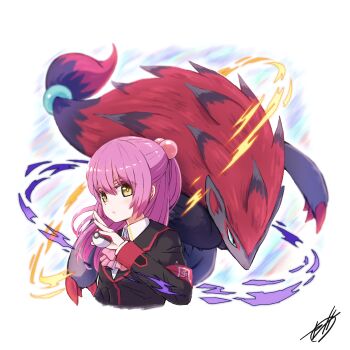 1girl black_jacket bow closed_mouth crossover futaki_kanata gen_5_pokemon hair_bobbles hair_ornament highres holding holding_poke_ball jacket little_busters! long_hair long_sleeves looking_at_viewer nintendo pink_bow pink_hair poke_ball pokemon pokemon_(creature) simple_background solo white_background yellow_eyes zeni_maru zoroark