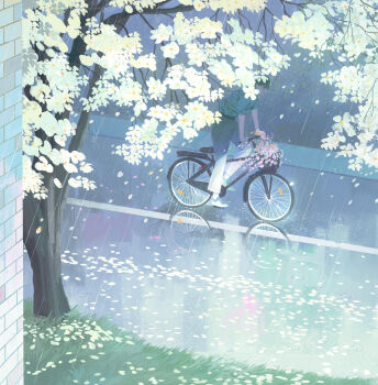 Rule 34 | 1boy, absurdres, bicycle, brown hair, chinese commentary, commentary request, day, flower, from side, full body, grey pants, grey shirt, highres, male focus, morncolour, original, outdoors, pants, petals, rain, reflection, riding, riding bicycle, ripples, road, scenery, shirt, short hair, solo, spring (season), tree, white flower