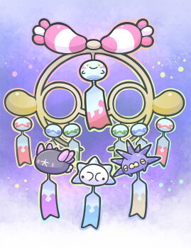 chimecho closed_mouth full_body gen_3_pokemon gen_7_pokemon gen_8_pokemon happy looking_at_viewer mega_chimecho mega_pokemon nintendo no_humans pincurchin pokemon pokemon_(creature) pokemon_focus pyukumuku smile snom spikes wind_chime yellow_eyes yoshino871