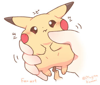 Rule 34 | 1other, blush, closed mouth, commentary request, gen 1 pokemon, holding, holding pokemon, motion lines, mugita konomi, nintendo, pikachu, pokemon, pokemon (creature), pokemon focus, squishing