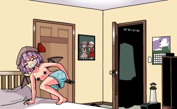 1girl bat_wings bed bedroom boxers breasts calendar_(object) clenched_teeth closed_eyes commentary controller covered_erect_nipples crying door flandre_scarlet greatest_freakout_ever grey_headwear hat highres holding holding_remote_control indoors kasuya_baian male_underwear meme mob_cap object_insertion on_bed open_door photo-referenced pillow portrait_(object) purple_hair remilia_scarlet remote_control short_hair small_breasts standing standing_on_one_leg stephen_quire streaming_tears tears teeth topless_female touhou underwear v-shaped_eyebrows wings