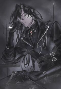 1boy aegyo_sal ajsaart baggy_clothes belt black_gloves black_hair black_shirt bored brooch bug butterfly butterfly_on_hand candlestand clip_studio_paint_(medium) collared_shirt colored_skin curtained_hair earrings elbow_rest gloves grey_skin hand_on_own_chin head_rest highres hoop_earrings insect jewelry looking_to_the_side male_focus original shirt short_hair solo table upper_body white_eyes