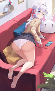 1girl :o ahoge alisa_mikhailovna_kujou all_fours ass bare_legs barefoot black_skirt blue_eyes blush cellphone clothes_lift commentary couch dutch_angle eyelashes feet from_behind full_body furrowed_brow hair_between_eyes hair_intakes hair_over_shoulder hair_ribbon highres indoors legs long_hair long_sleeves looking_at_viewer looking_back on_couch open_mouth panties phone pleated_skirt red_ribbon ribbon shirt sidelocks skirt skirt_lift smartphone soles solo straight_hair thighs toes tokidoki_bosotto_roshia-go_de_dereru_tonari_no_alya-san underwear user_3504221 variant_set white_hair white_panties yellow_shirt