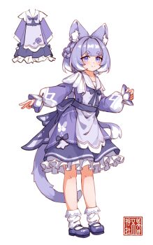 Rule 34 | 1girl, absurdres, animal ear fluff, animal ears, apron, braid, cat ears, cat girl, cat tail, chinese commentary, ci wen jian bu cun zai, clenched hand, colored tips, commentary request, dress, frilled skirt, frills, half up braid, highres, long sleeves, looking at viewer, mary janes, multicolored hair, original, puffy long sleeves, puffy sleeves, purple dress, purple eyes, purple hair, purple shoes, purple skirt, sash, shoes, short dress, short hair, simple background, skirt, skirt under dress, smile, socks, tail, two-tone hair, v, white background, white hair, white socks